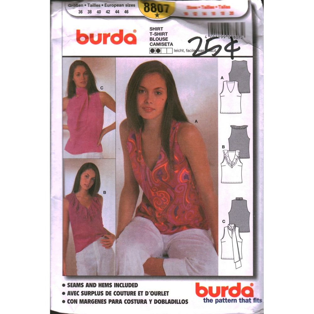 Burda 8807 Sewing Pattern Women Shirt Blouse T-Shirt Ruffle Tie Neck Size 10-20